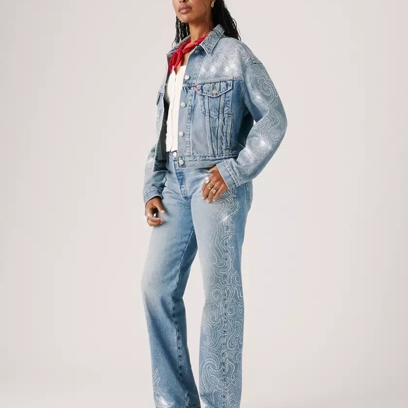 Levi's X Beyonce Straight Leg Light Blue Jeans Chrystal Blue Rhinstone Embellish